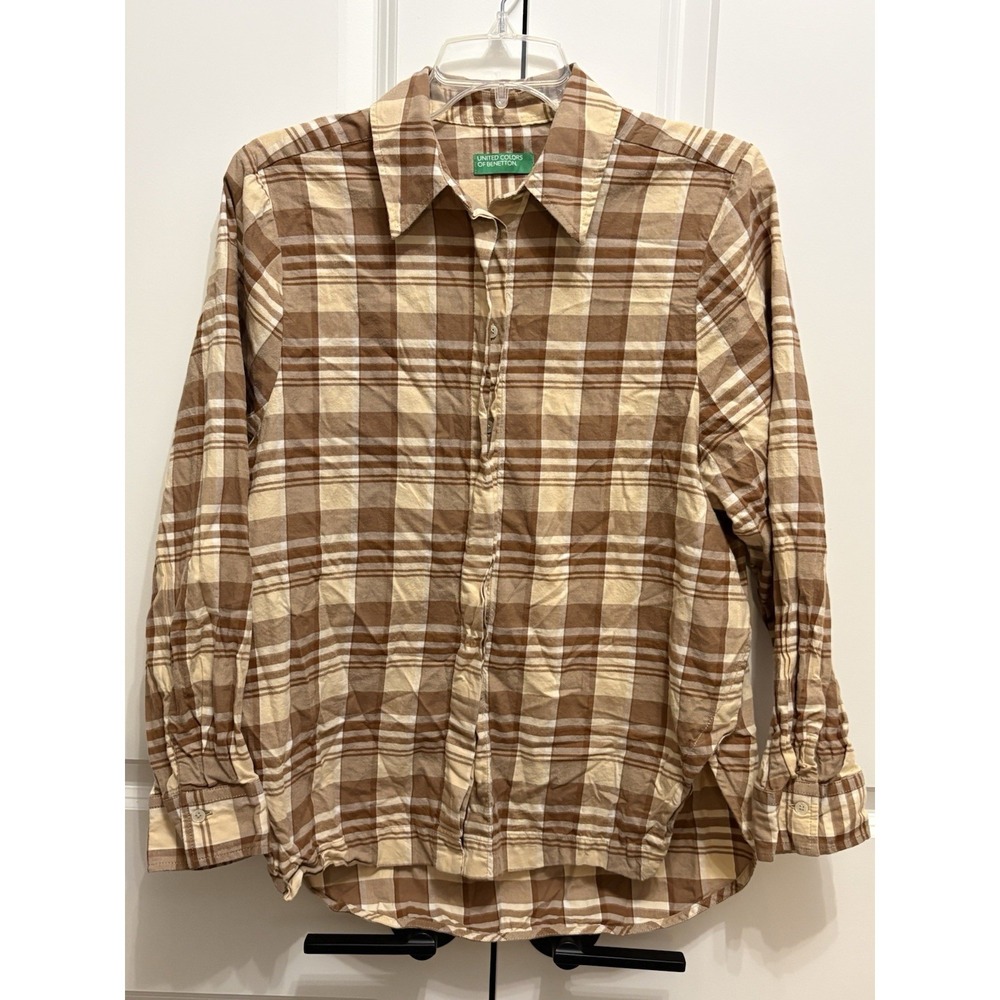 United Colors of Benetton Brown Tan Plaid Button Up Shirt Womens XS